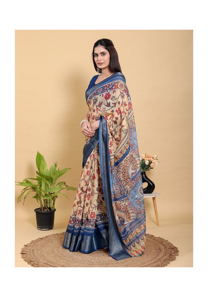 Malishka Export Artistic Brown & Teal Motif Linen Cotton Saree for Women - Image 2